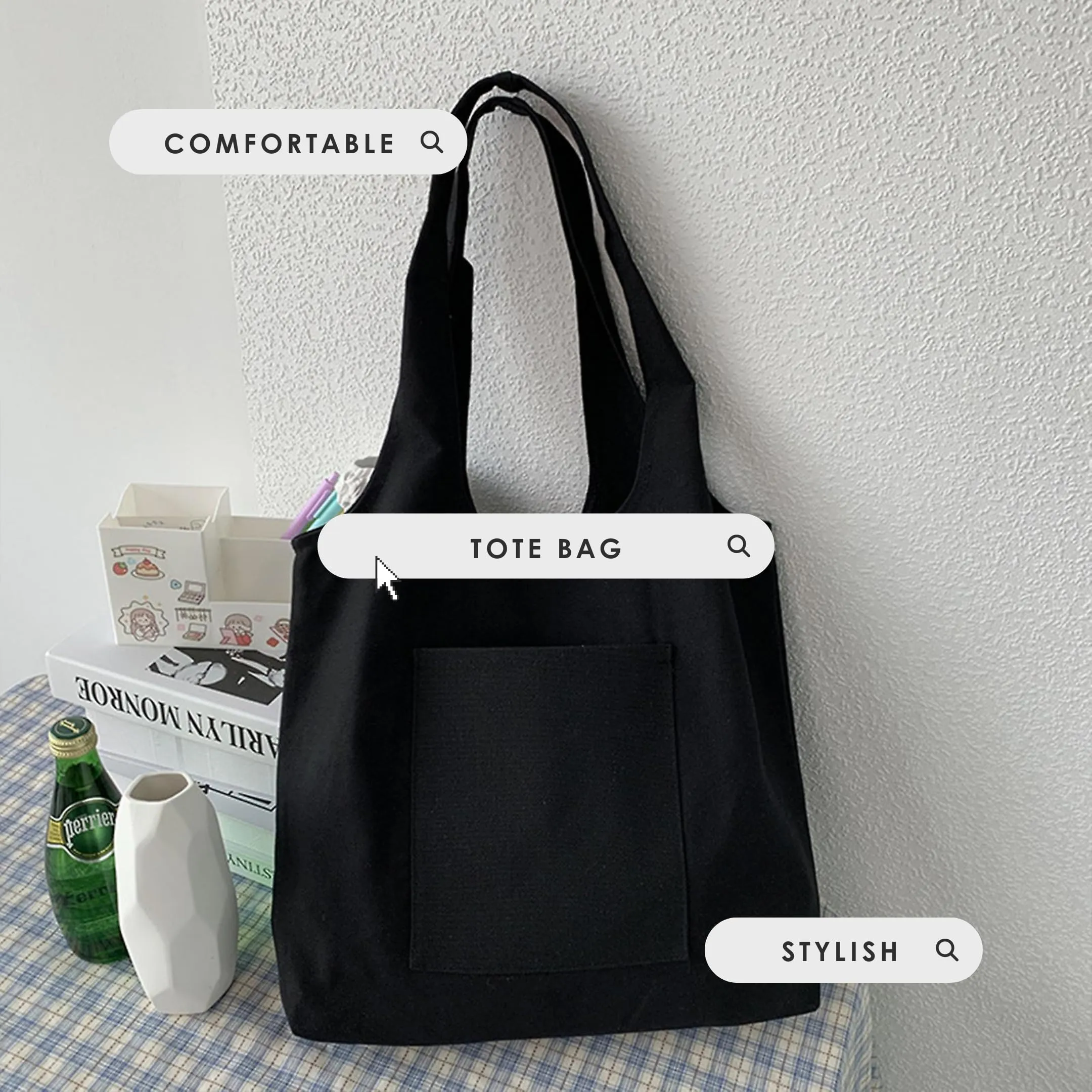 Mayanta black tote bags for women | stylish tote bags for women college | korean tote bags for women | canvas tote bags for girls | cotton tote bags for women | tote bags for girls ladies