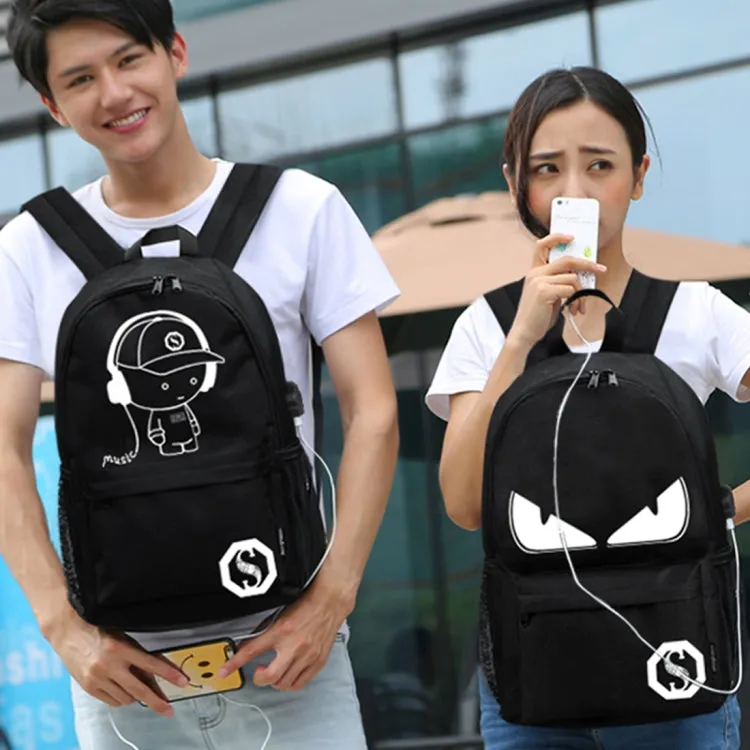 Multi-Function Large Capacity Oxford Cloth Black Music Boy Luminous Backpack Casual Laptop Computer Bag with External USB Charging Interface for Men / Women / Student, L, Size: 48*29*17cm