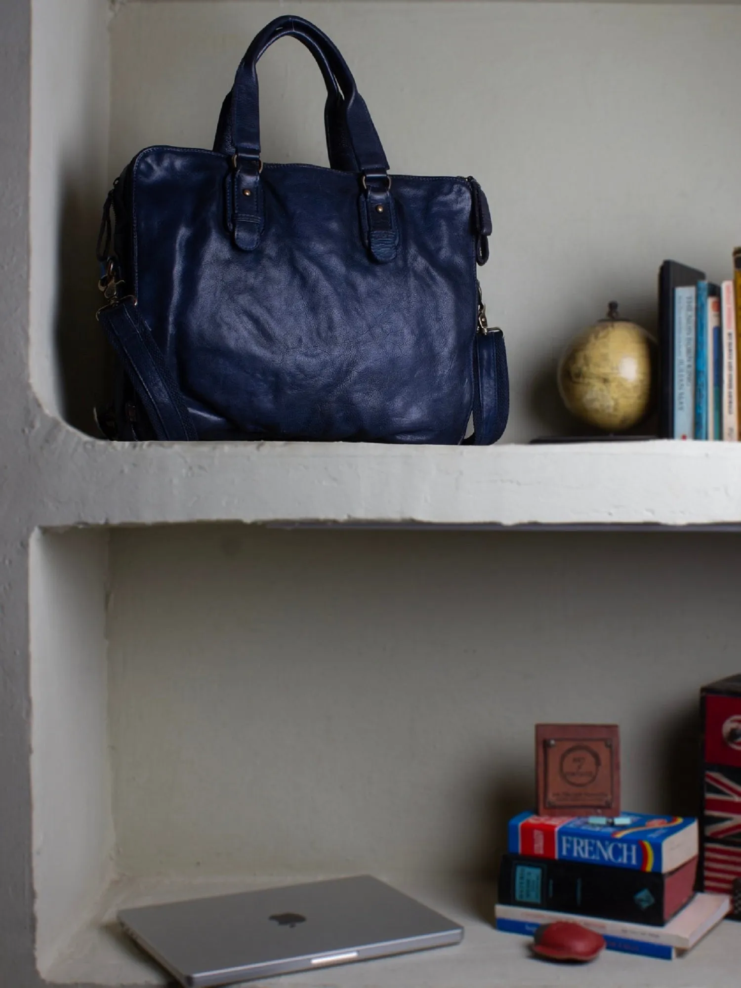 Navy Blue Leather Plain Design Laptop Bag