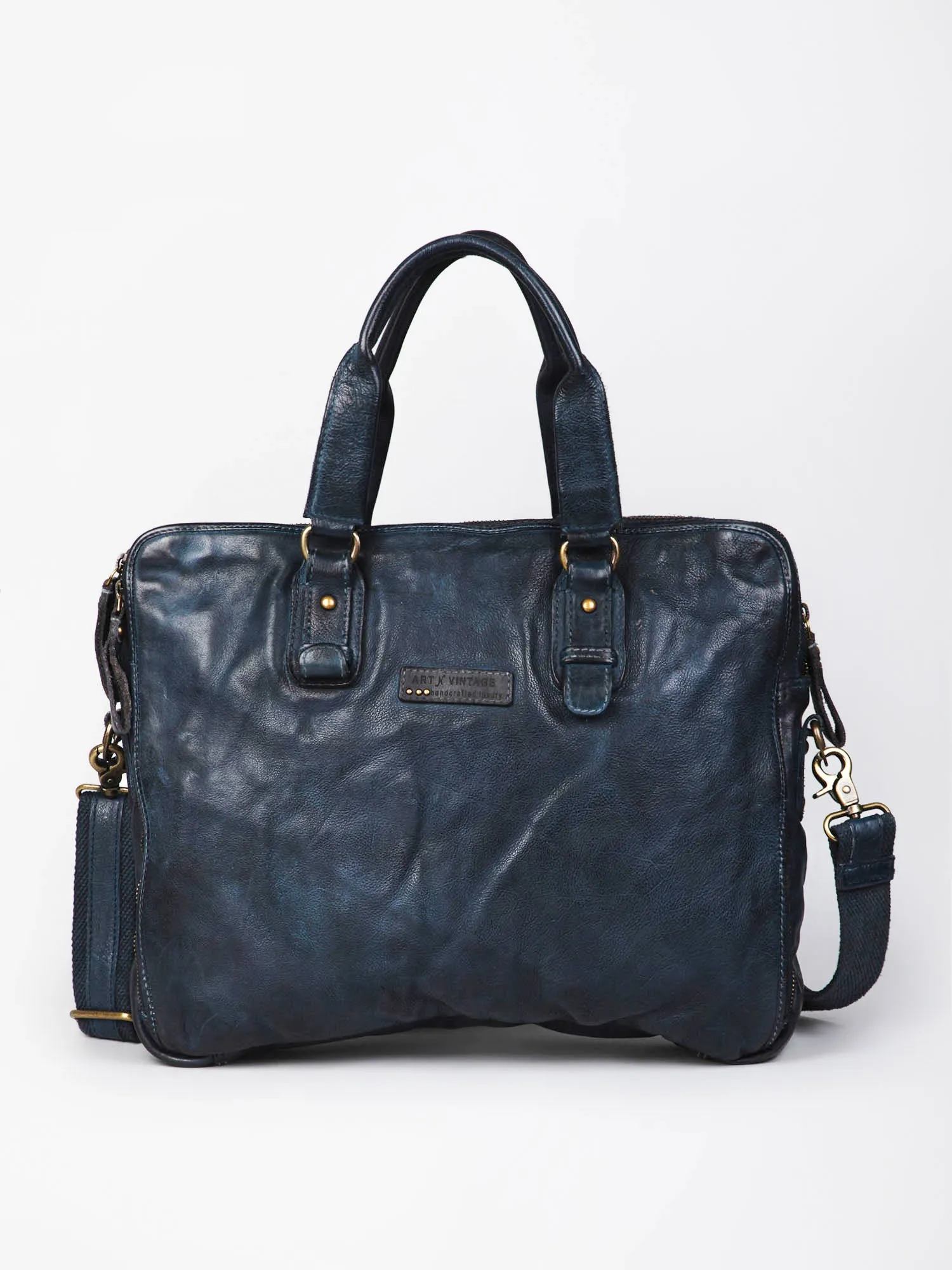 Navy Blue Leather Plain Design Laptop Bag