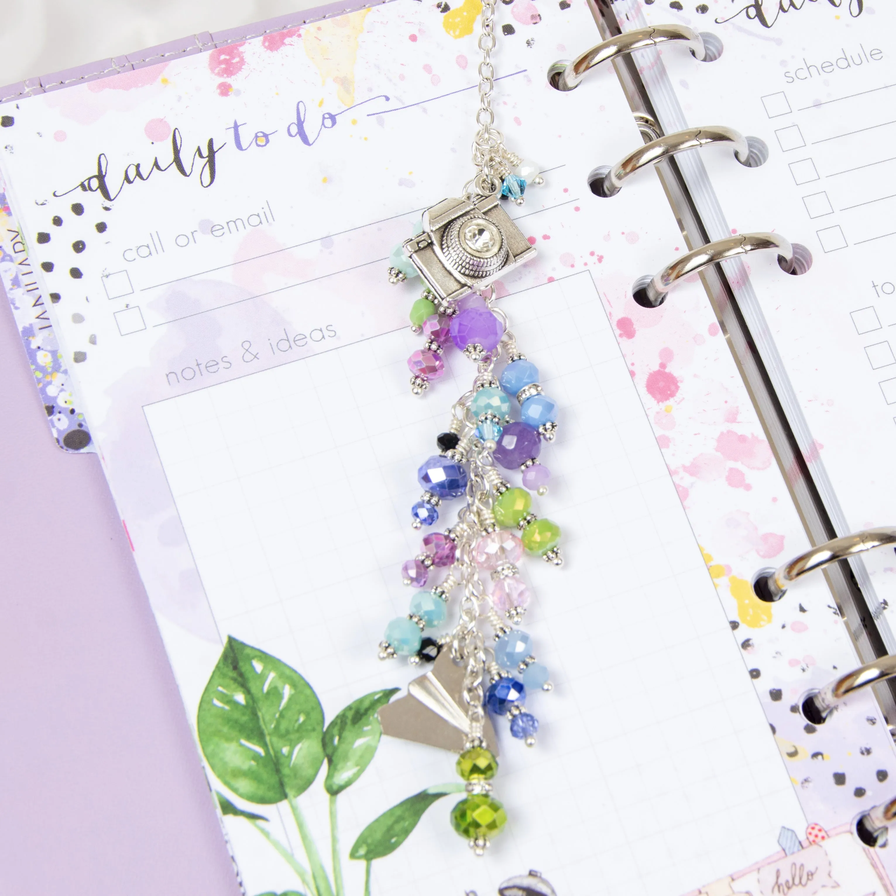 Noted Planner Charm with Crystal Dangle, Camera and Paper Airplane