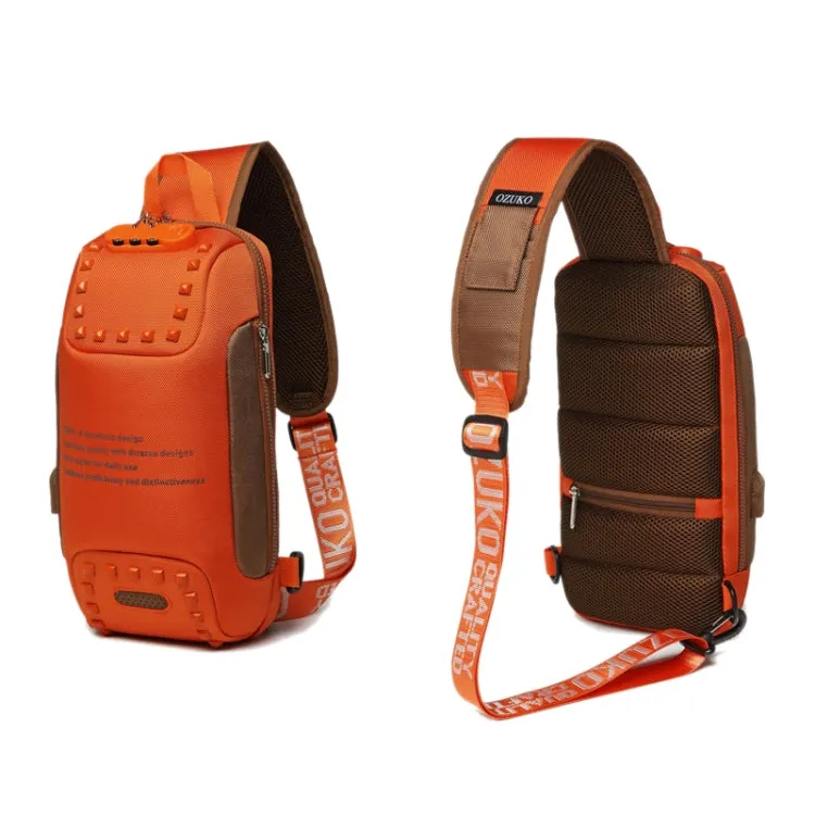 Ozuko 9283 Men Outdoor Anti-theft Chest Bag Rivet Messenger Bag with External USB Charging Port(Orange)