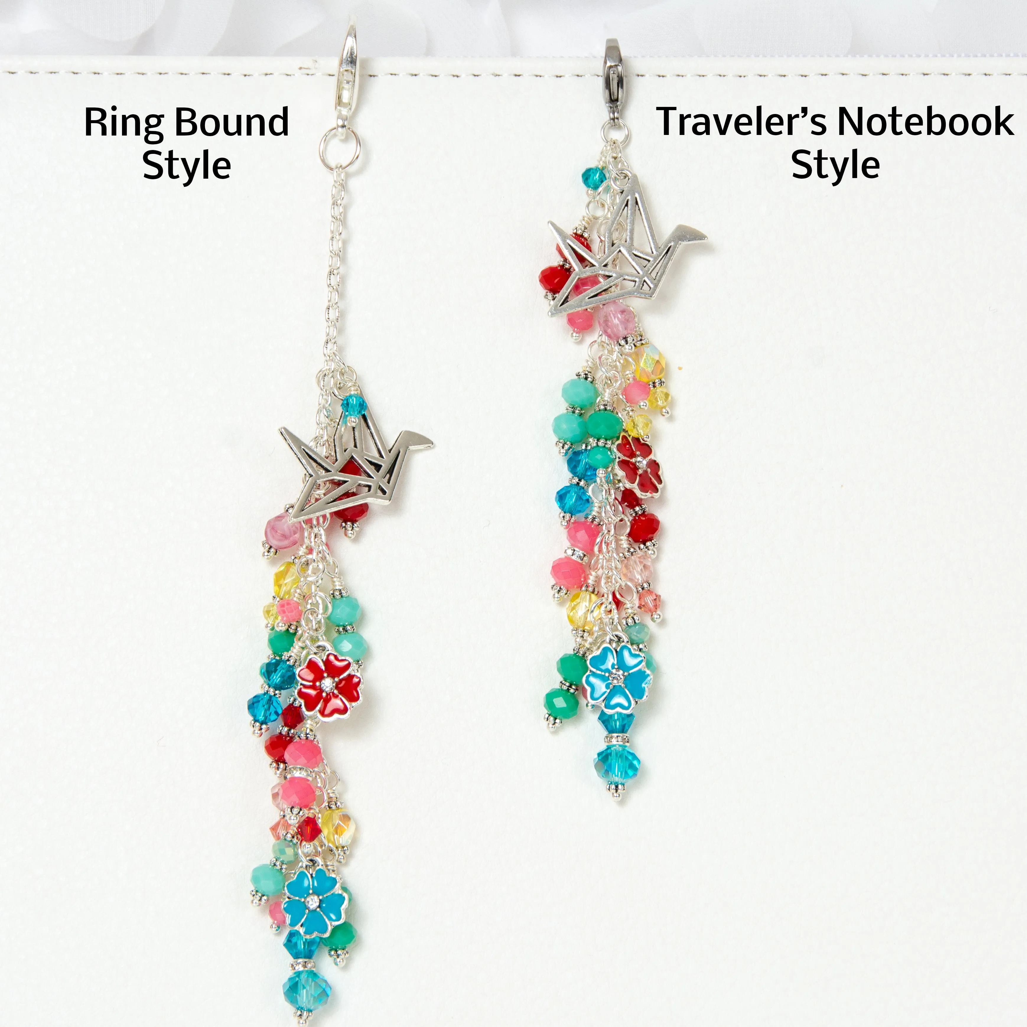 Paper Crane and Blossom Charm with Mixed Crystal Dangle