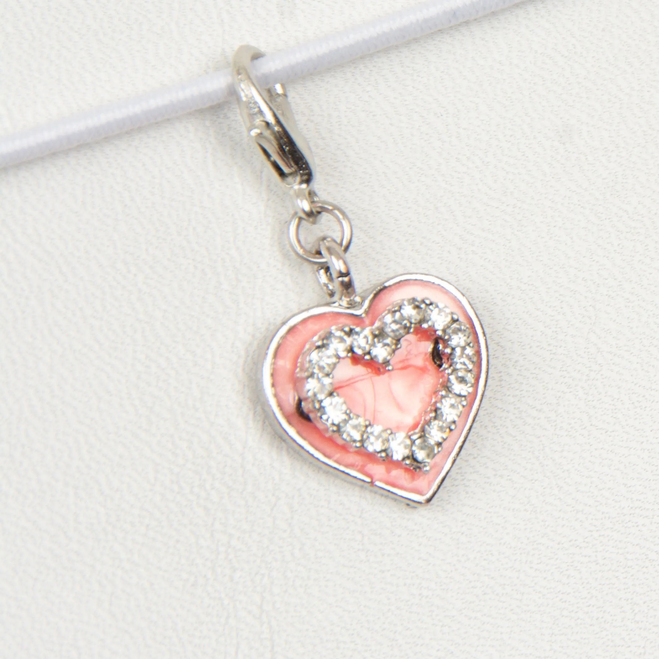 Pearl Pink Enamel Heart Charm with Rhinestones