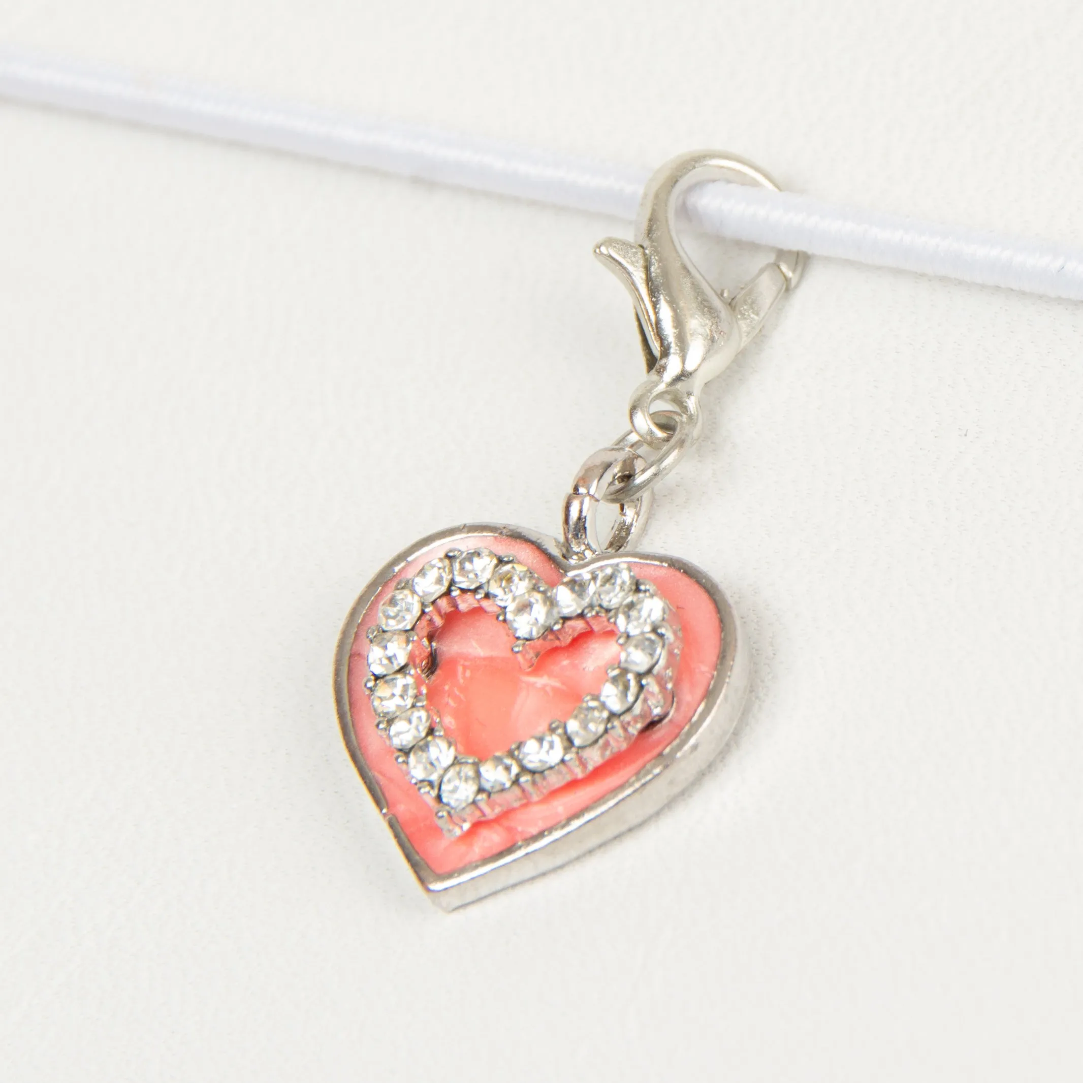 Pearl Pink Enamel Heart Charm with Rhinestones