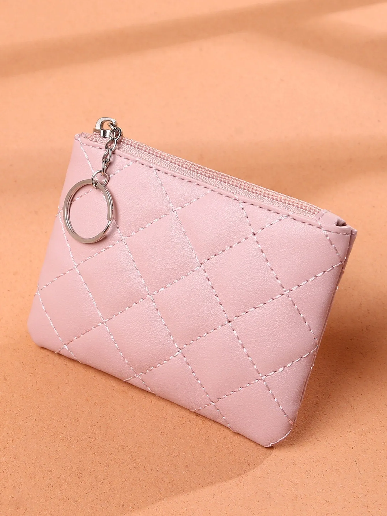 Pink Quilted Coin Purse With Keyring Zipper Coin Purse Mini Bag Change Pouch