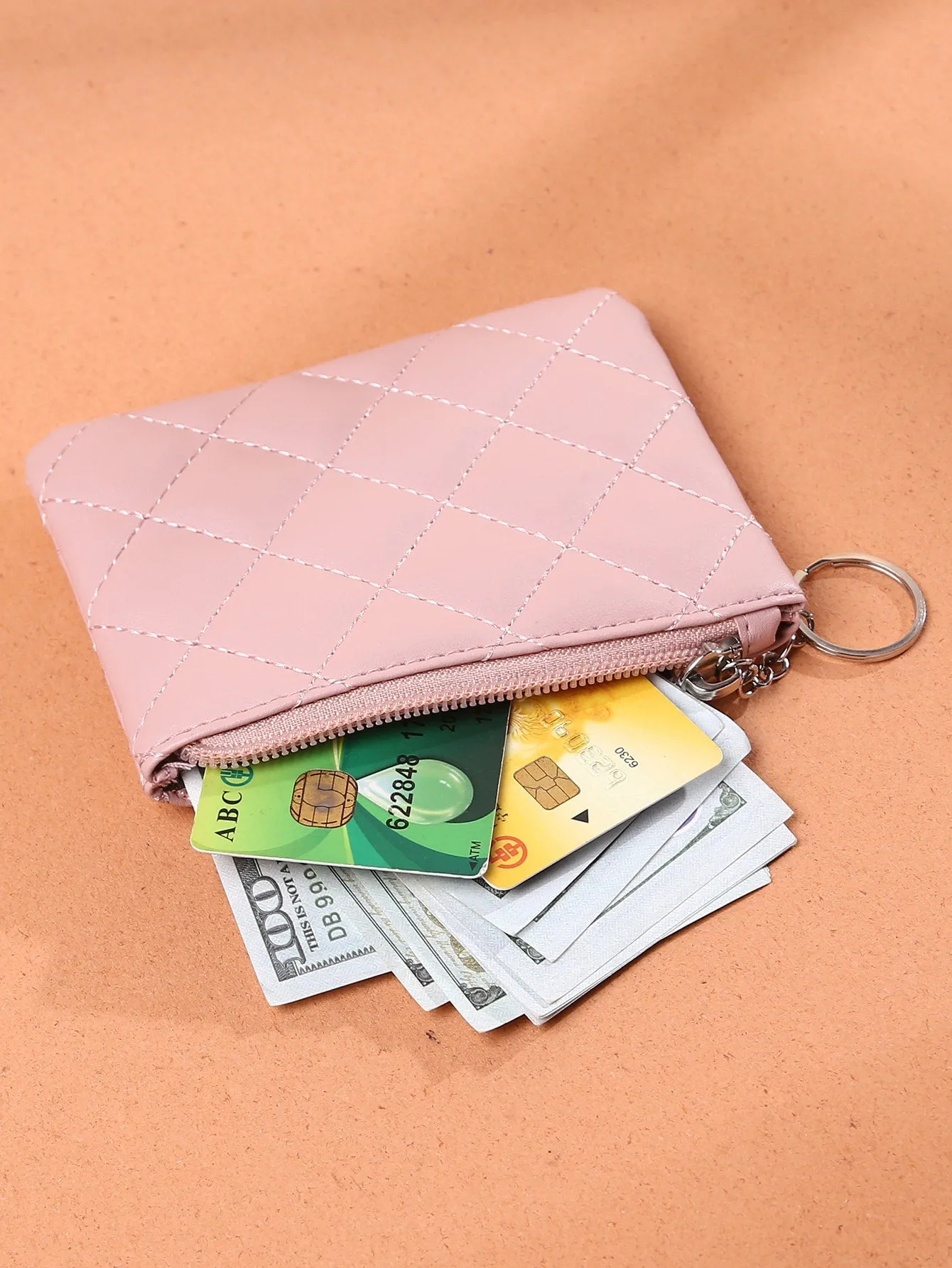 Pink Quilted Coin Purse With Keyring Zipper Coin Purse Mini Bag Change Pouch