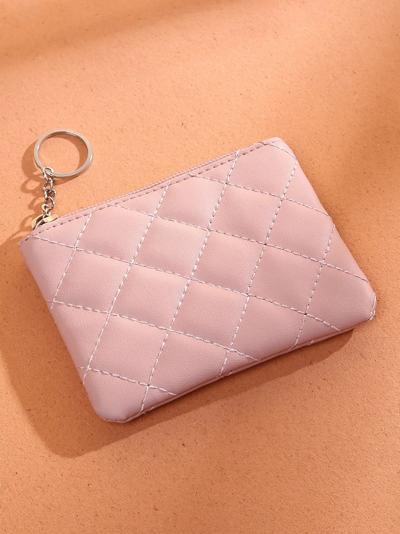 Pink Quilted Coin Purse With Keyring Zipper Coin Purse Mini Bag Change Pouch