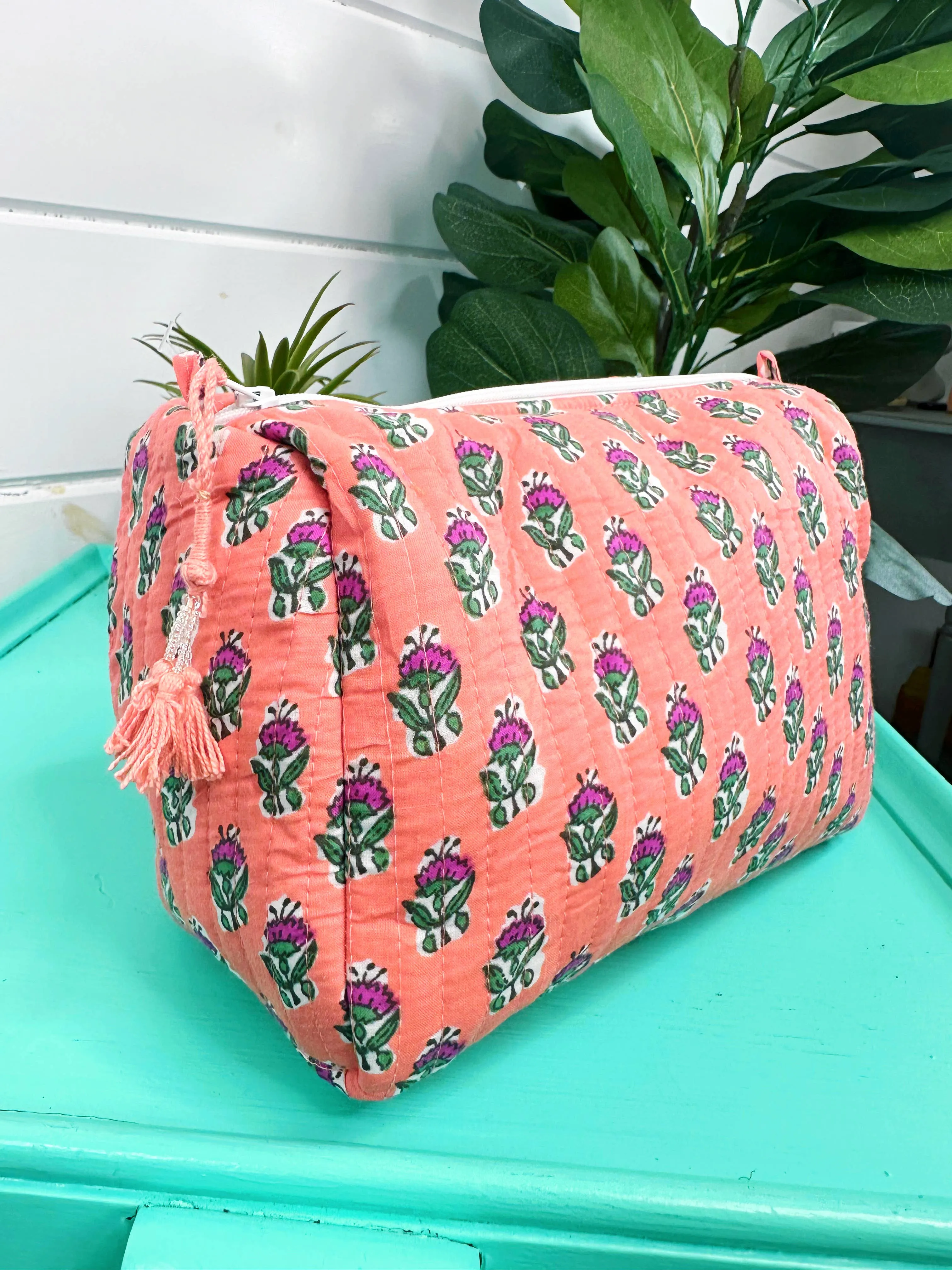 Quilted Makeup Bags | Cosmetics Toiletry Bag | Coral Floral