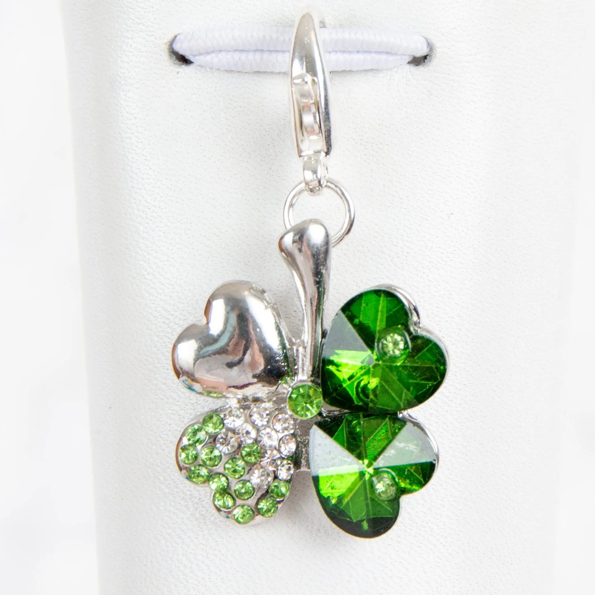 Shamrock - 4 Leaf Clover Charm with Green Heart Crystals and Rhinestone Accents