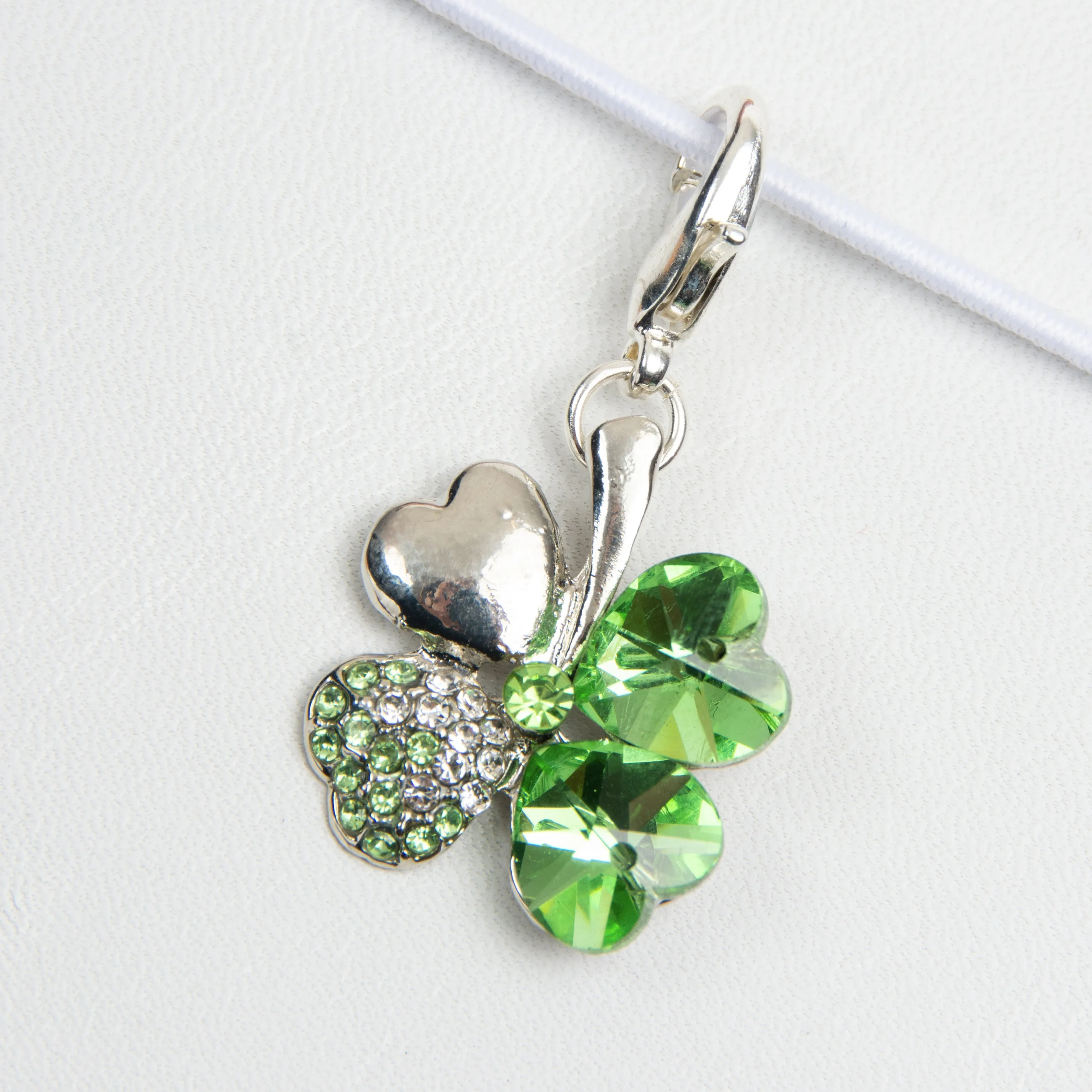 Shamrock - 4 Leaf Clover Charm with Green Heart Crystals and Rhinestone Accents