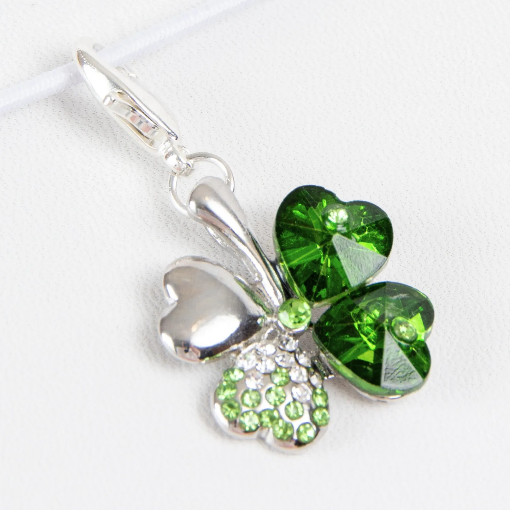 Shamrock - 4 Leaf Clover Charm with Green Heart Crystals and Rhinestone Accents