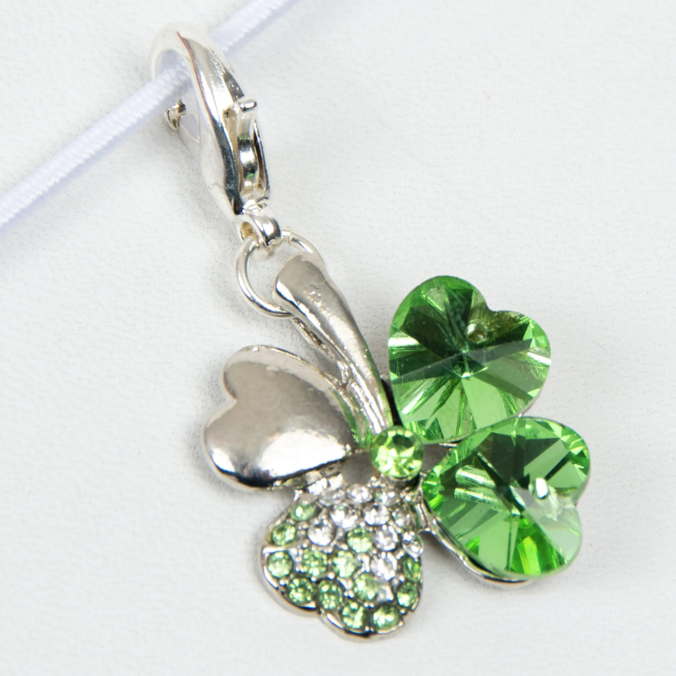 Shamrock - 4 Leaf Clover Charm with Green Heart Crystals and Rhinestone Accents