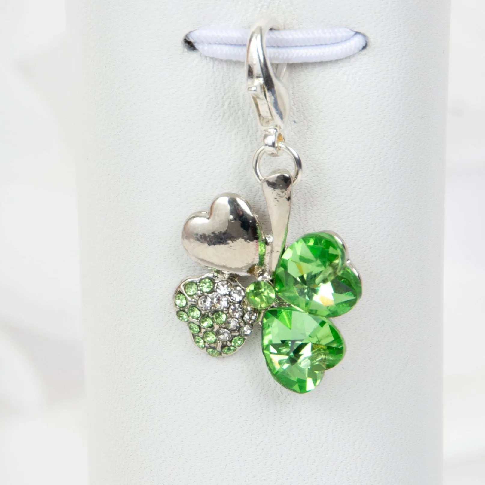 Shamrock - 4 Leaf Clover Charm with Green Heart Crystals and Rhinestone Accents