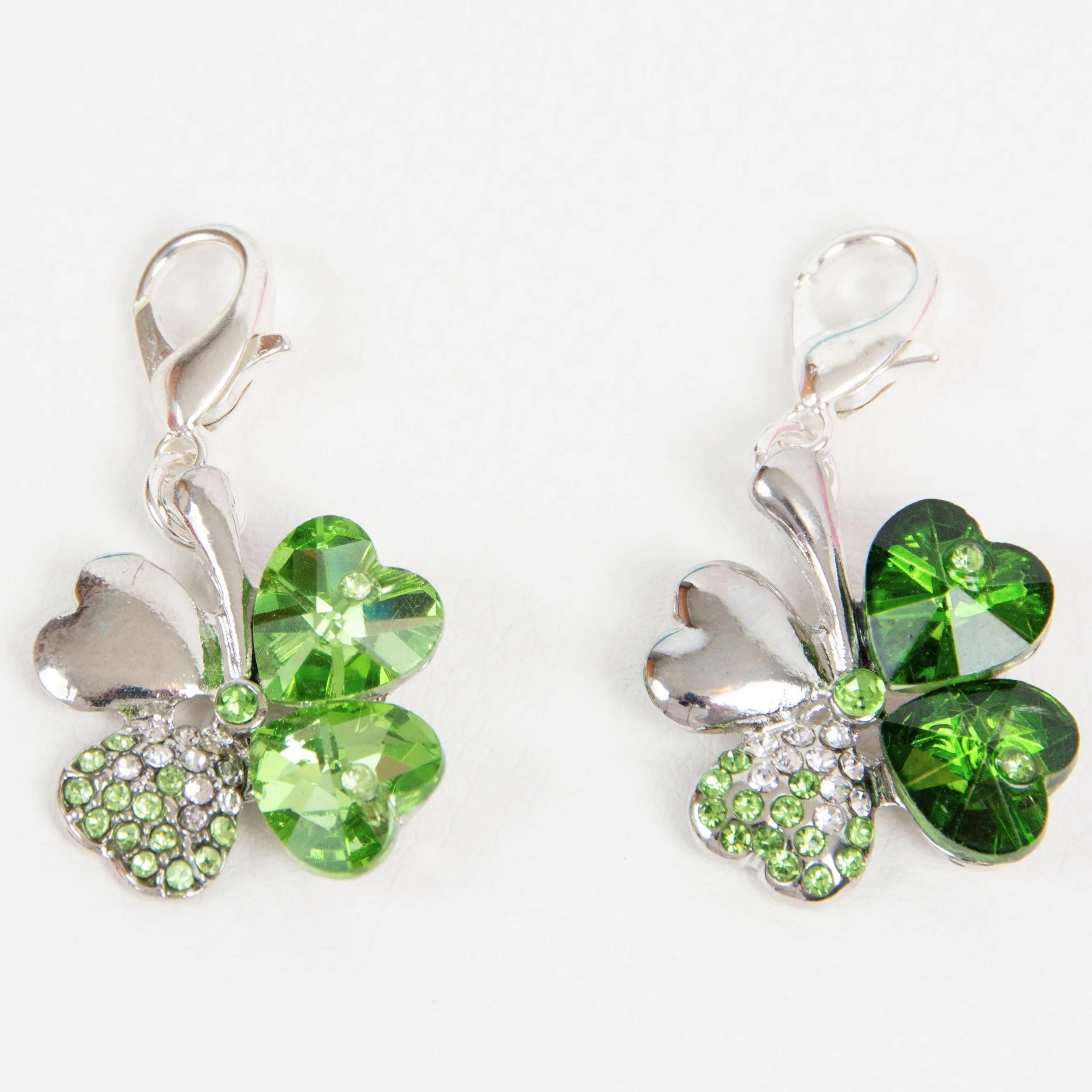 Shamrock - 4 Leaf Clover Charm with Green Heart Crystals and Rhinestone Accents