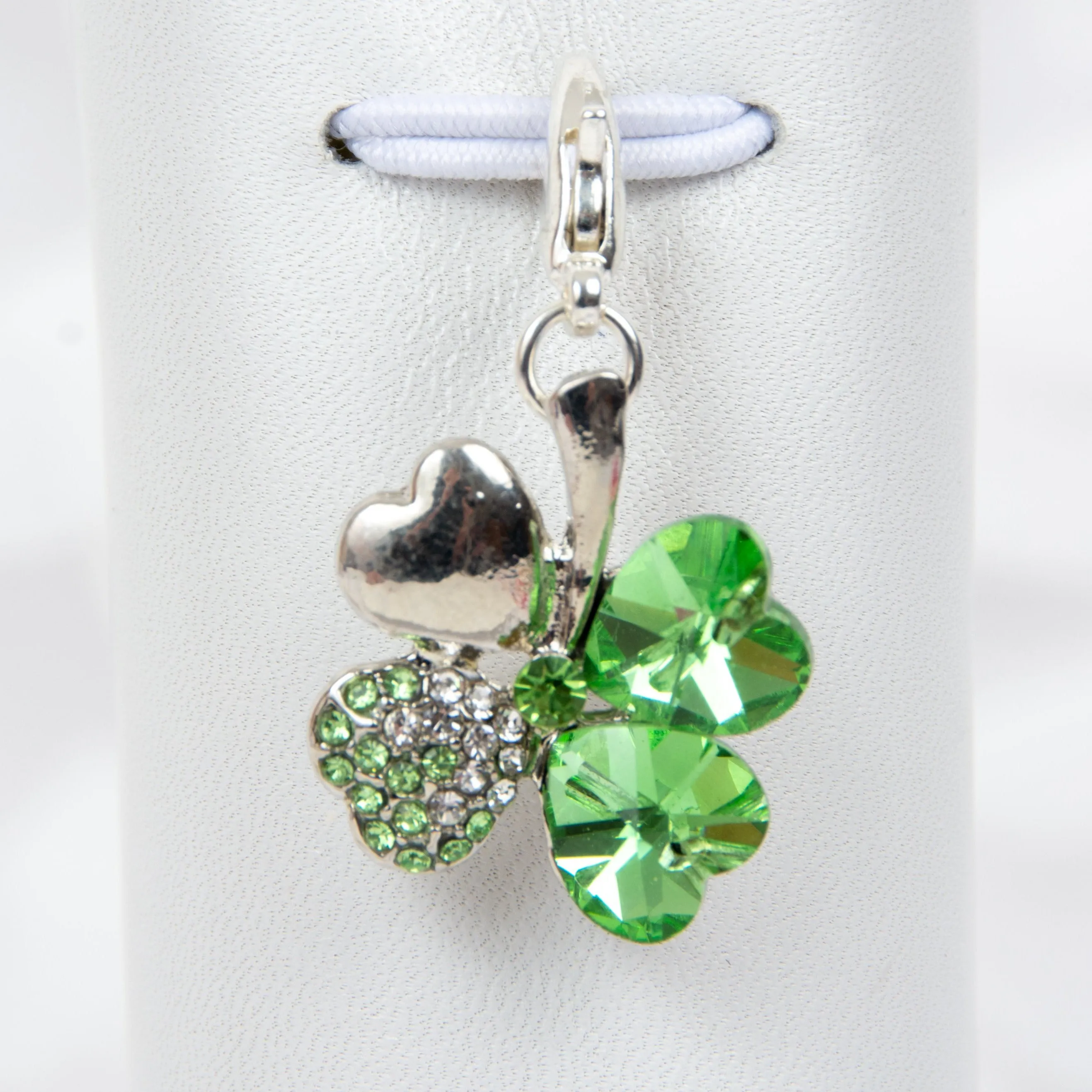 Shamrock - 4 Leaf Clover Charm with Green Heart Crystals and Rhinestone Accents