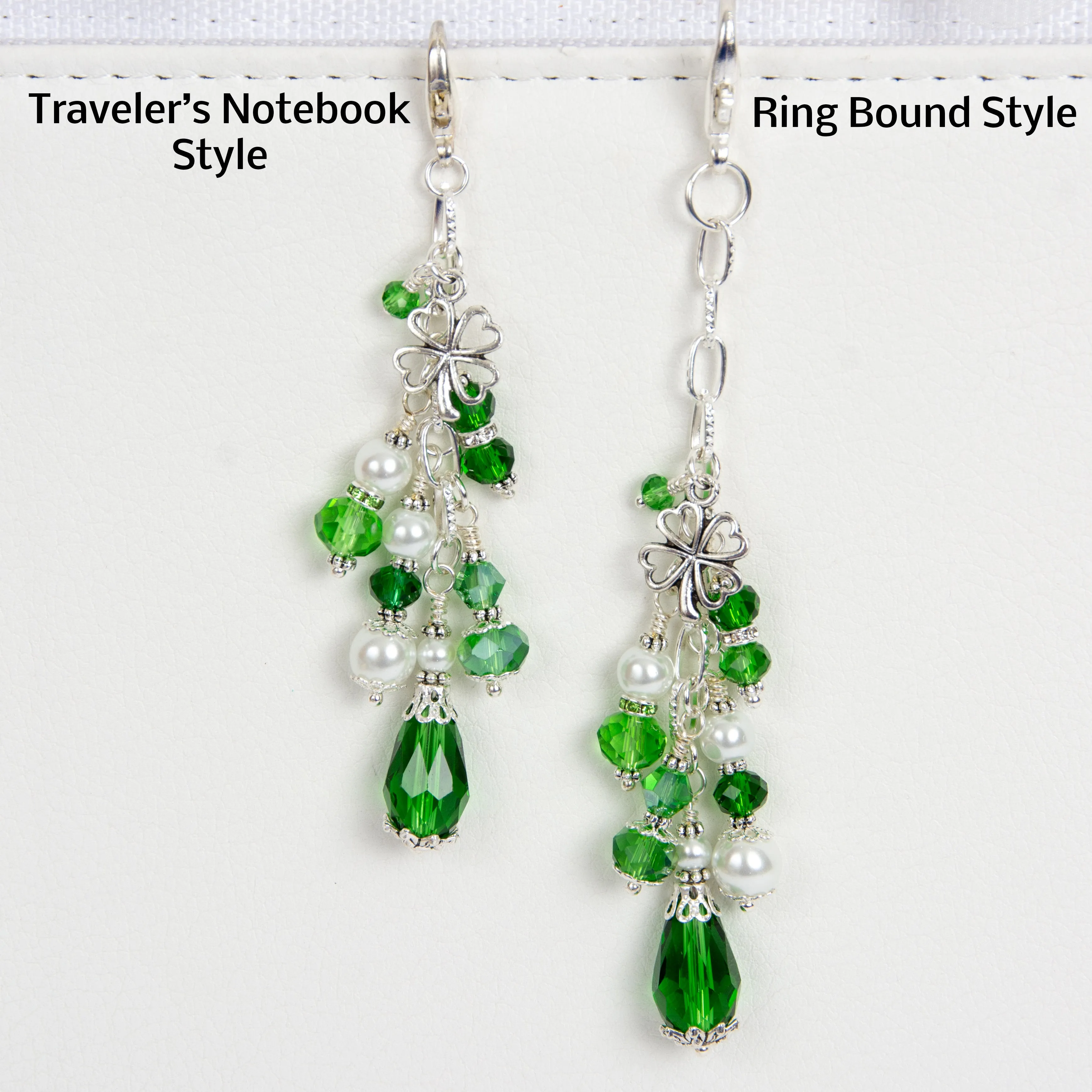 Shamrock Planner Charm with Pearl and Green Crystal Dangle