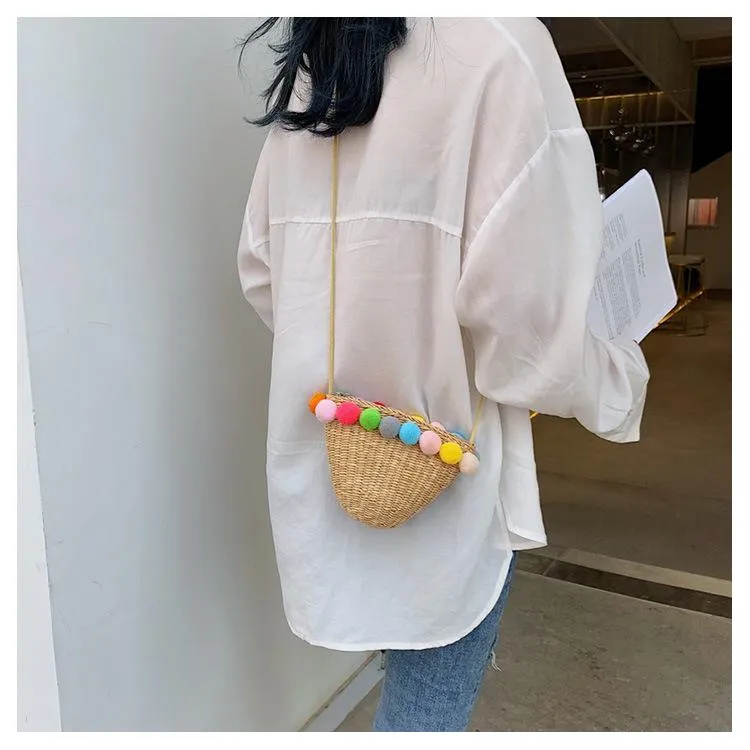 Simple Round Straw Women Summer Rattan Handmade Woven Beach Cross Body Bag