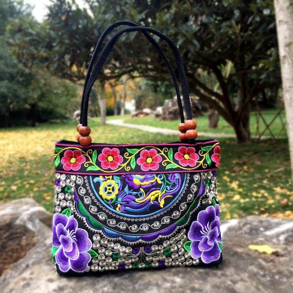 Small Peony Embroidery Ethnic Travel Women Shoulder Bags Handmade Canvas Wood Beads Handbag