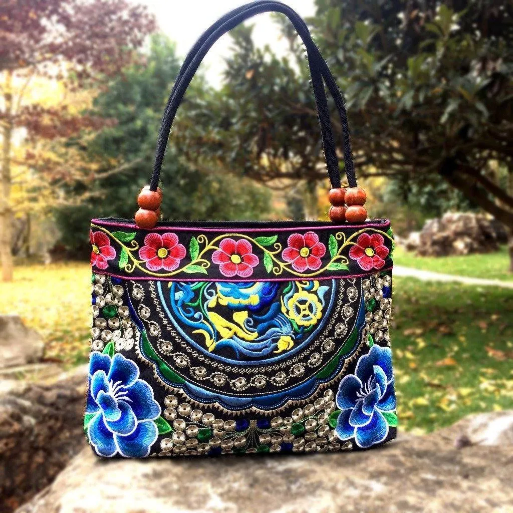 Small Peony Embroidery Ethnic Travel Women Shoulder Bags Handmade Canvas Wood Beads Handbag