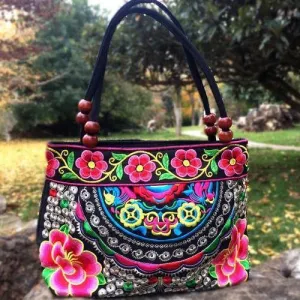 Small Peony Embroidery Ethnic Travel Women Shoulder Bags Handmade Canvas Wood Beads Handbag