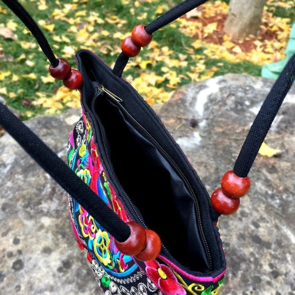 Small Peony Embroidery Ethnic Travel Women Shoulder Bags Handmade Canvas Wood Beads Handbag