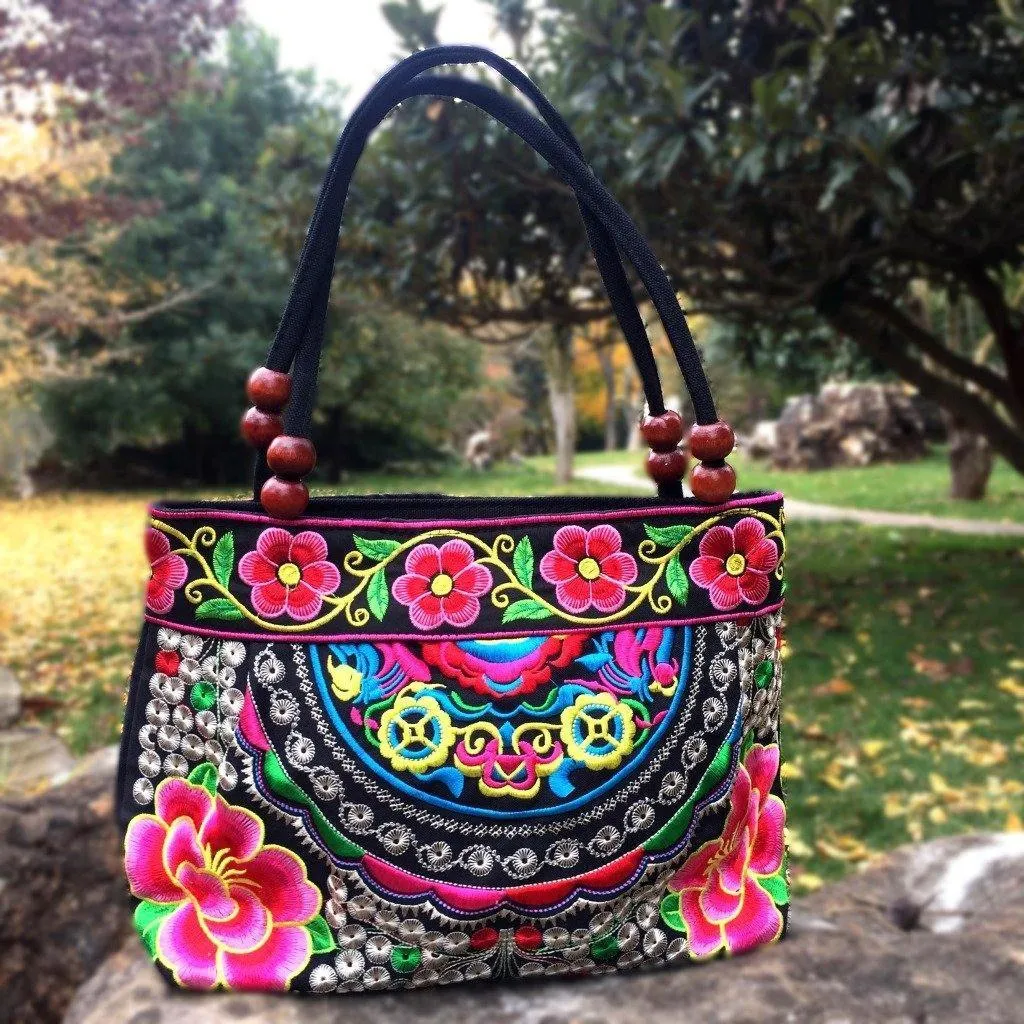 Small Peony Embroidery Ethnic Travel Women Shoulder Bags Handmade Canvas Wood Beads Handbag