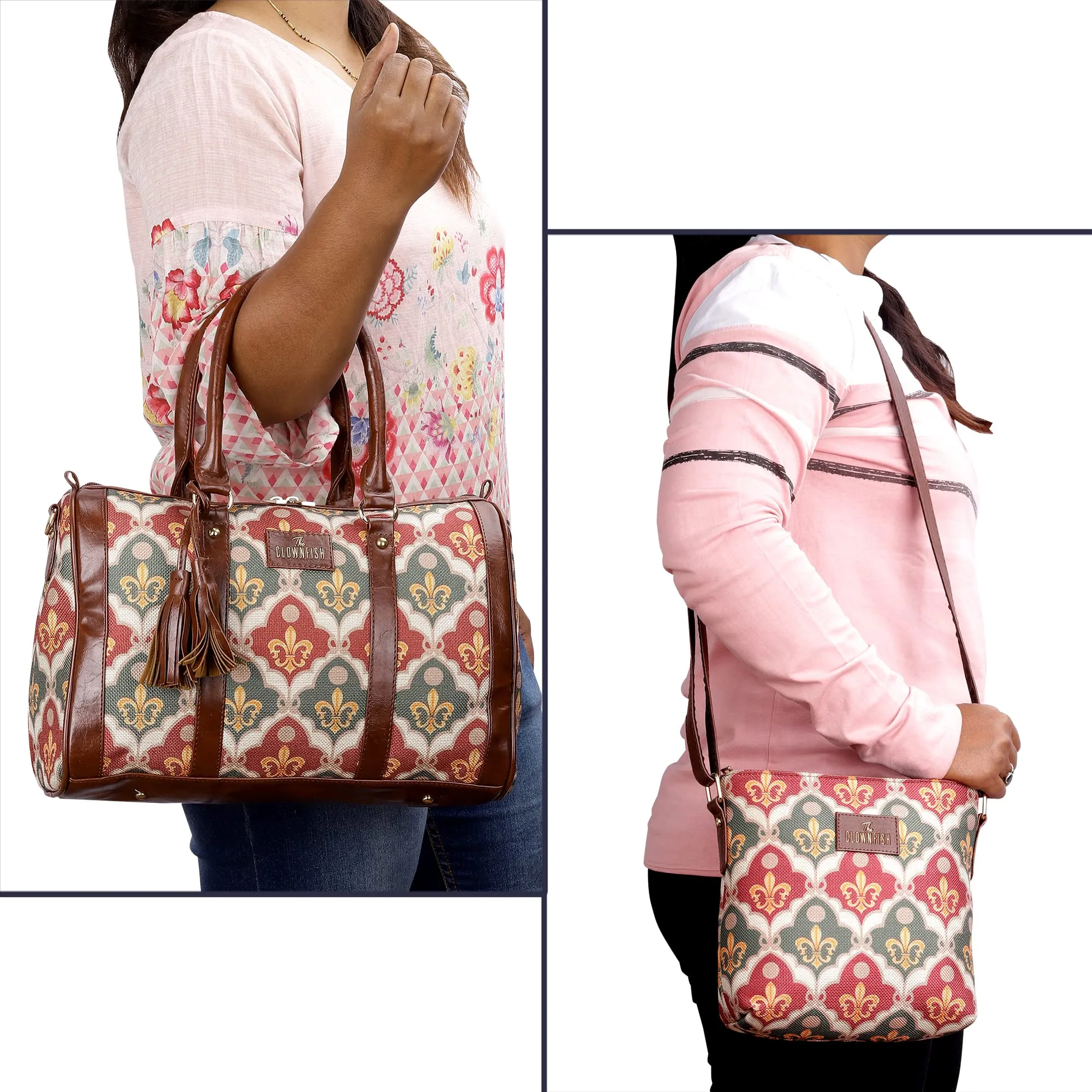 THE CLOWNFISH Combo Of Lorna Printed Handicraft Fabric & Faux Leather Handbag Sling Bag for Women & Aahna Printed Handicraft Fabric Crossbody Sling bag for Women (Pink-Rangoli Design)