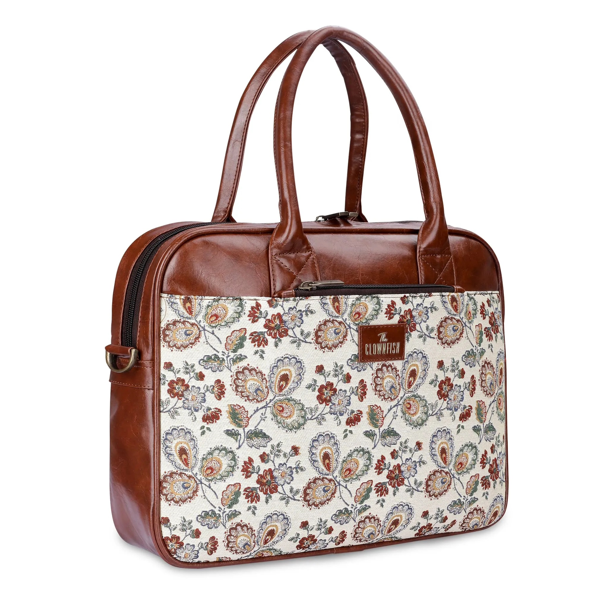 THE CLOWNFISH Deborah series 15.6 inch Laptop Bag For Women Tapestry Fabric & Faux Leather Office Bag Briefcase Messenger Sling Handbag Business Bag (Dark Brown-Floral)