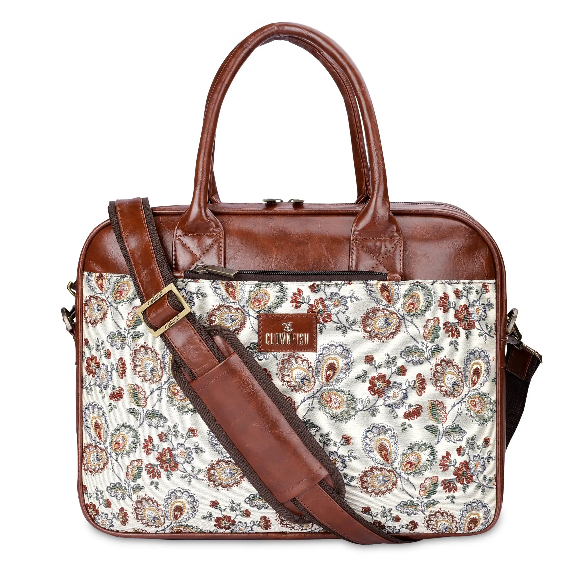 THE CLOWNFISH Deborah series 15.6 inch Laptop Bag For Women Tapestry Fabric & Faux Leather Office Bag Briefcase Messenger Sling Handbag Business Bag (Dark Brown-Floral)