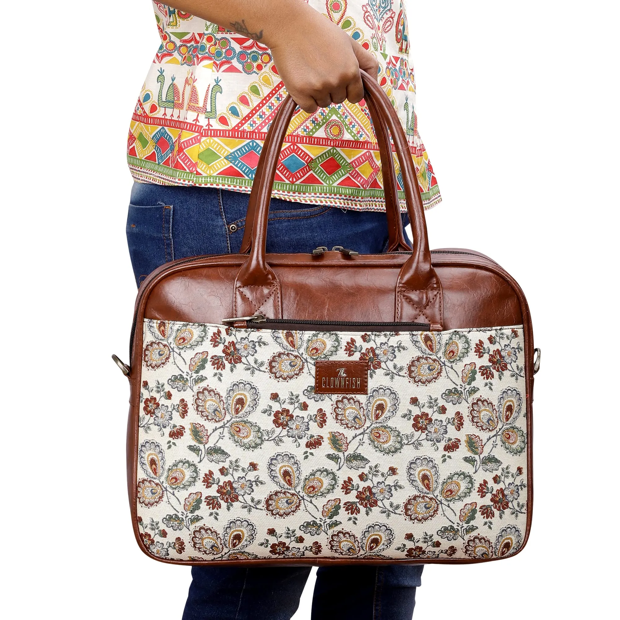 THE CLOWNFISH Deborah series 15.6 inch Laptop Bag For Women Tapestry Fabric & Faux Leather Office Bag Briefcase Messenger Sling Handbag Business Bag (Dark Brown-Floral)