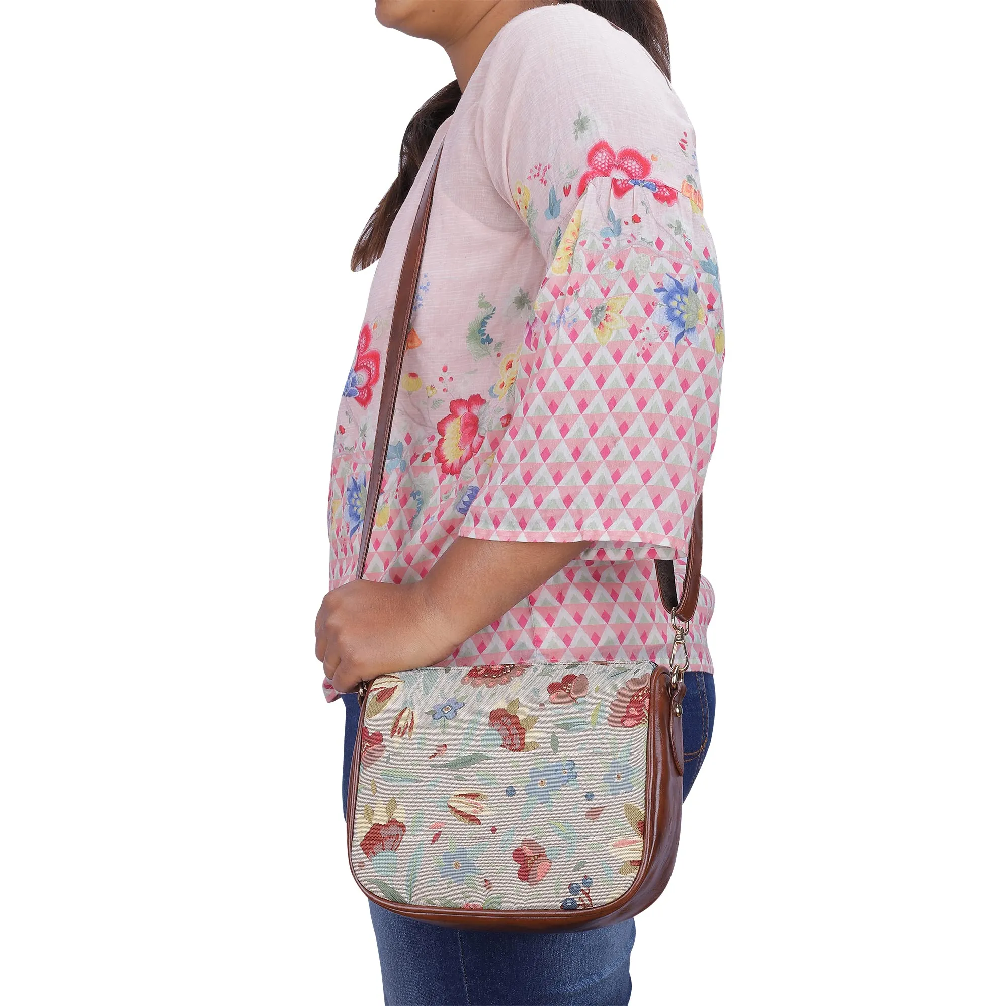 THE CLOWNFISH Garnet Series Tapestry Fabric Crossbody Sling Bag for Women Ladies Single Shoulder Bag Shoulder Belt (Sky Blue-Floral)