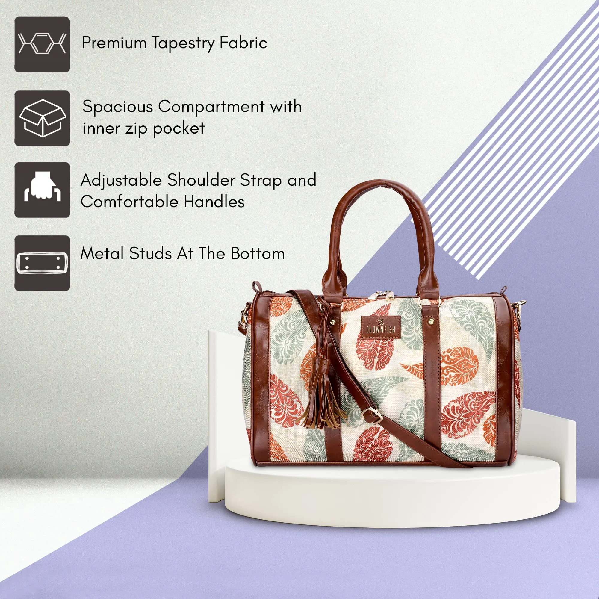 THE CLOWNFISH Lorna Printed Handicraft Fabric & Faux Leather Handbag Sling Bag for Women Office Bag Ladies Shoulder Bag Tote For Women College Girls (Cream-Leaf Design)