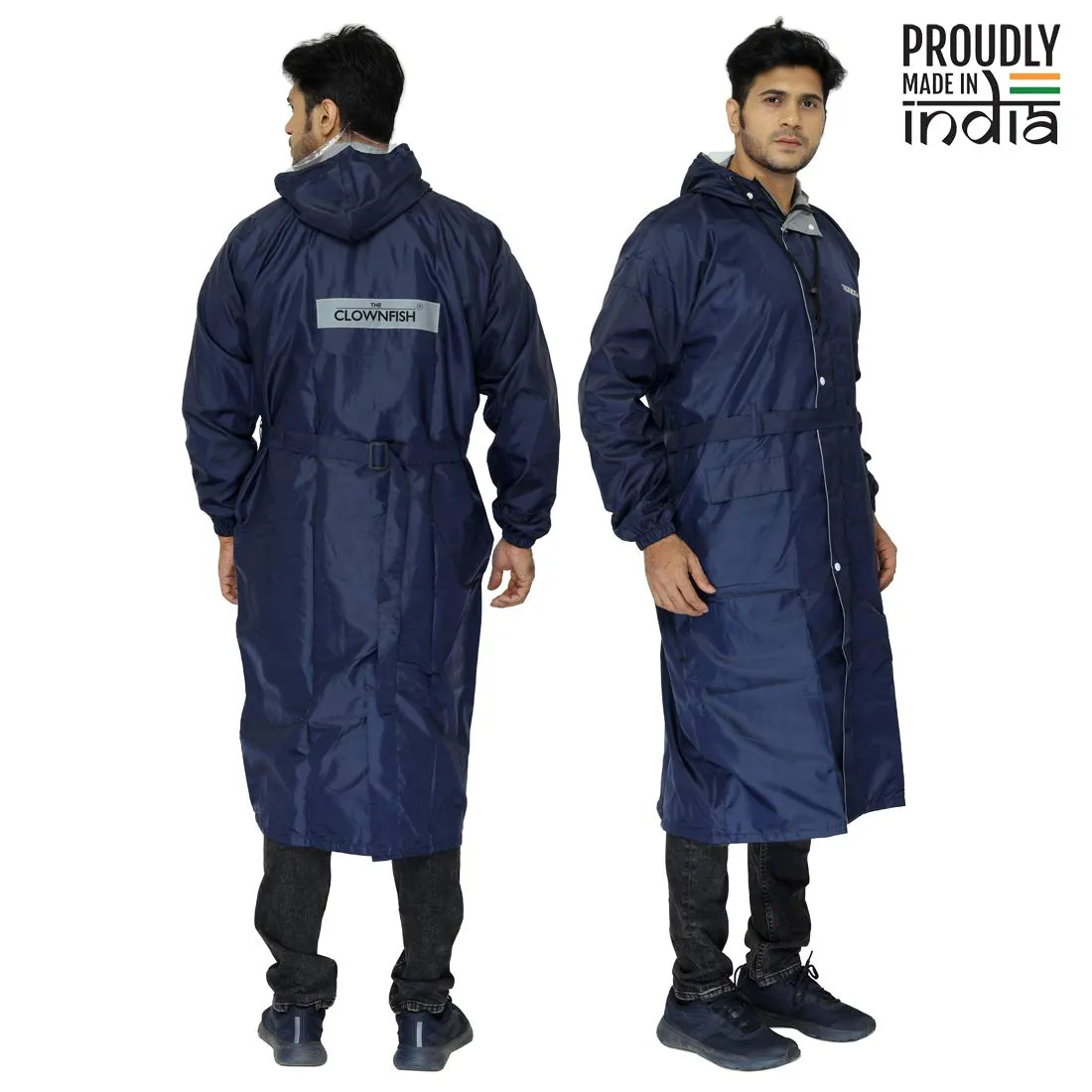 THE CLOWNFISH Men and Women Reversible Waterproof Polyester Raincoat with Adjustable Hood and Reflector at Back for Night Visibility (Blue,Free Size)