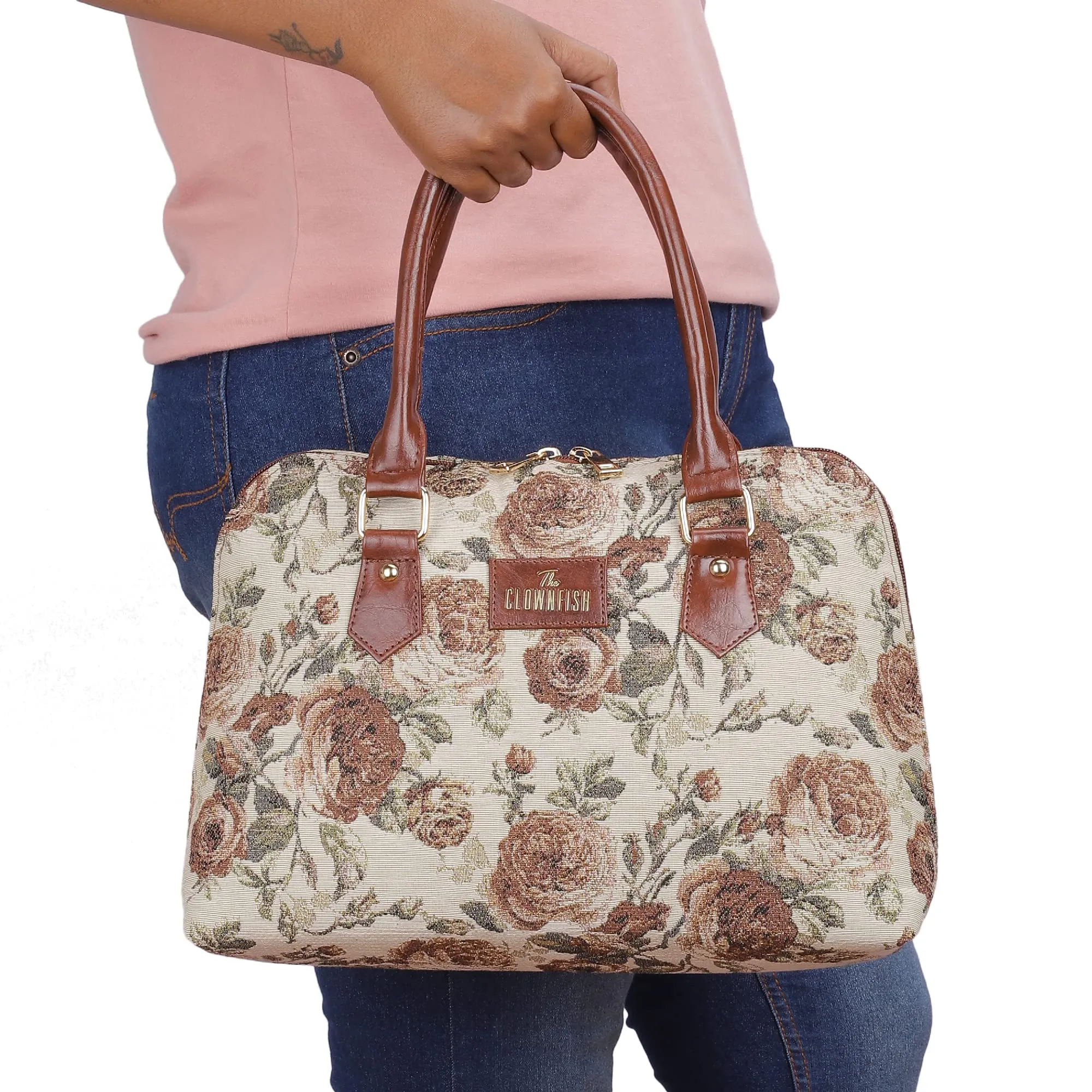 THE CLOWNFISH Montana Series Handbag for Women Office Bag Ladies Purse Shoulder Bag Tote For Women College Girls (Brown-Floral)