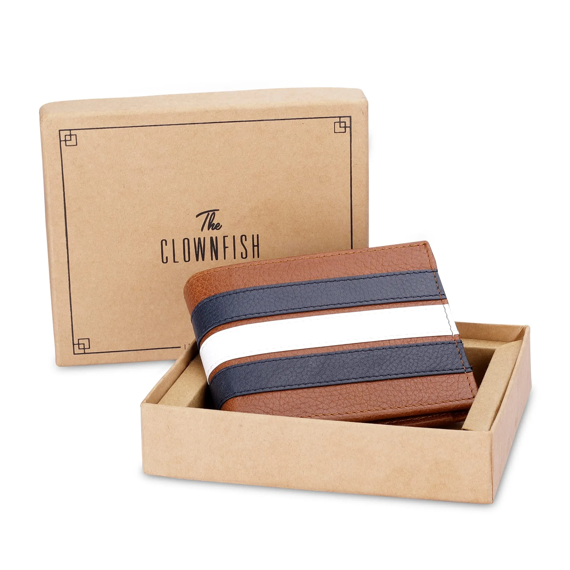 THE CLOWNFISH RFID Protected Genuine Leather Bi-Fold Wallet for Men with Multiple Card Slots & Coin Pocket (Brown with Black & White Stripes)