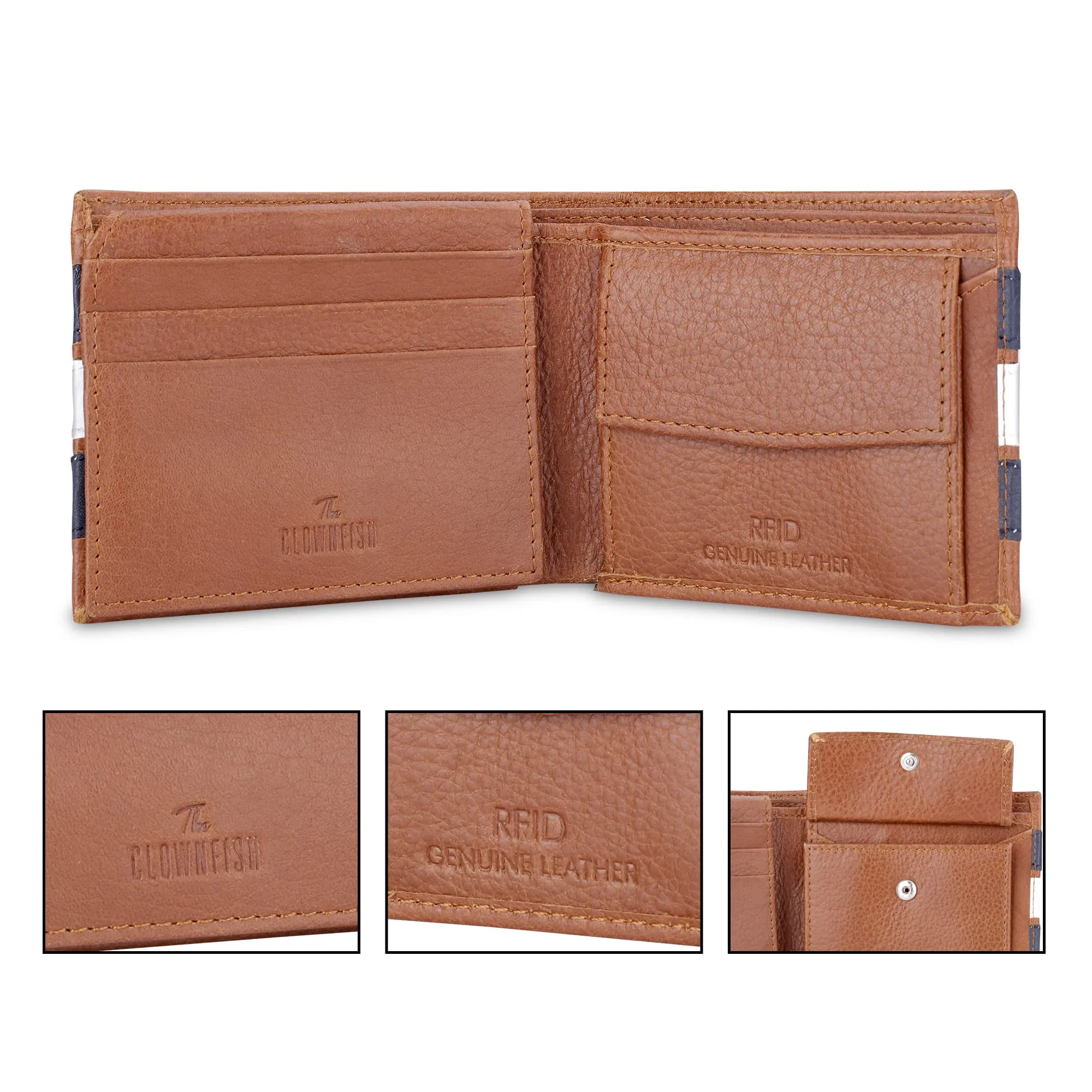 THE CLOWNFISH RFID Protected Genuine Leather Bi-Fold Wallet for Men with Multiple Card Slots & Coin Pocket (Brown with Black & White Stripes)