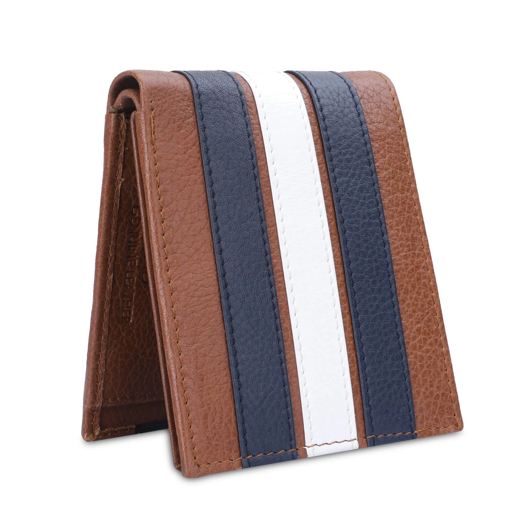 THE CLOWNFISH RFID Protected Genuine Leather Bi-Fold Wallet for Men with Multiple Card Slots & Coin Pocket (Brown with Black & White Stripes)