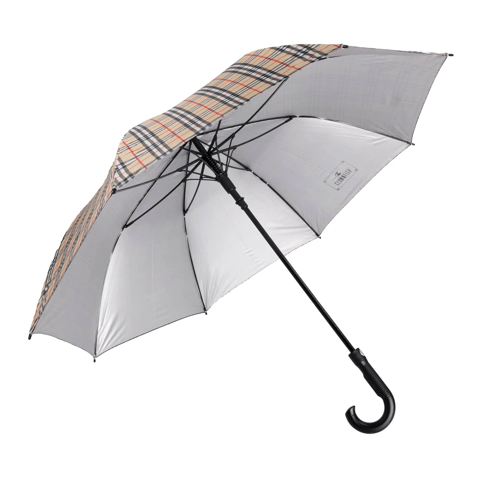 THE CLOWNFISH Umbrella Crescenta Series Single Fold Auto Open J- shape Handle Waterproof Taffeta Polyester 190 T Umbrellas For Men and Women (Checks Design-Cream)