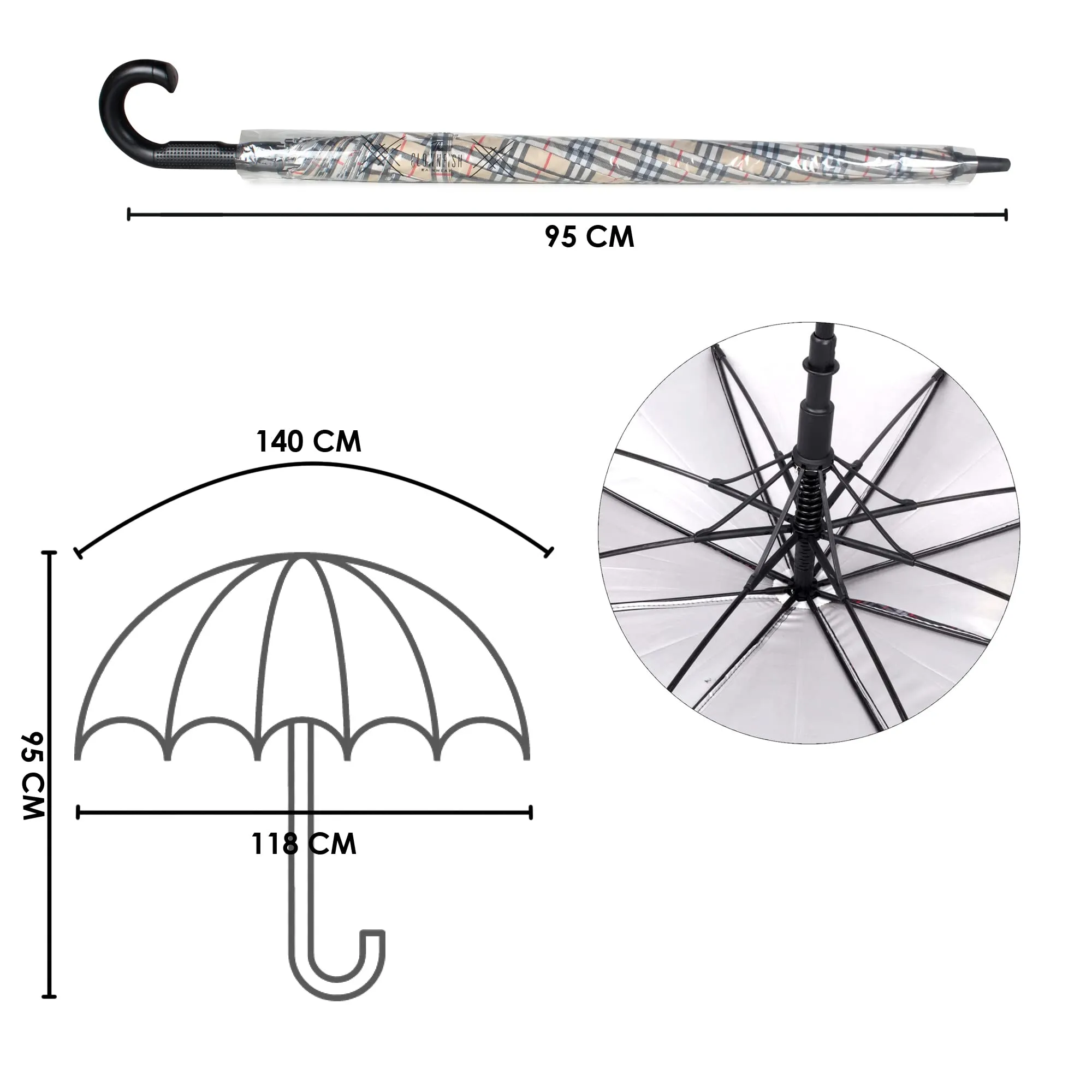 THE CLOWNFISH Umbrella Crescenta Series Single Fold Auto Open J- shape Handle Waterproof Taffeta Polyester 190 T Umbrellas For Men and Women (Checks Design-Cream)