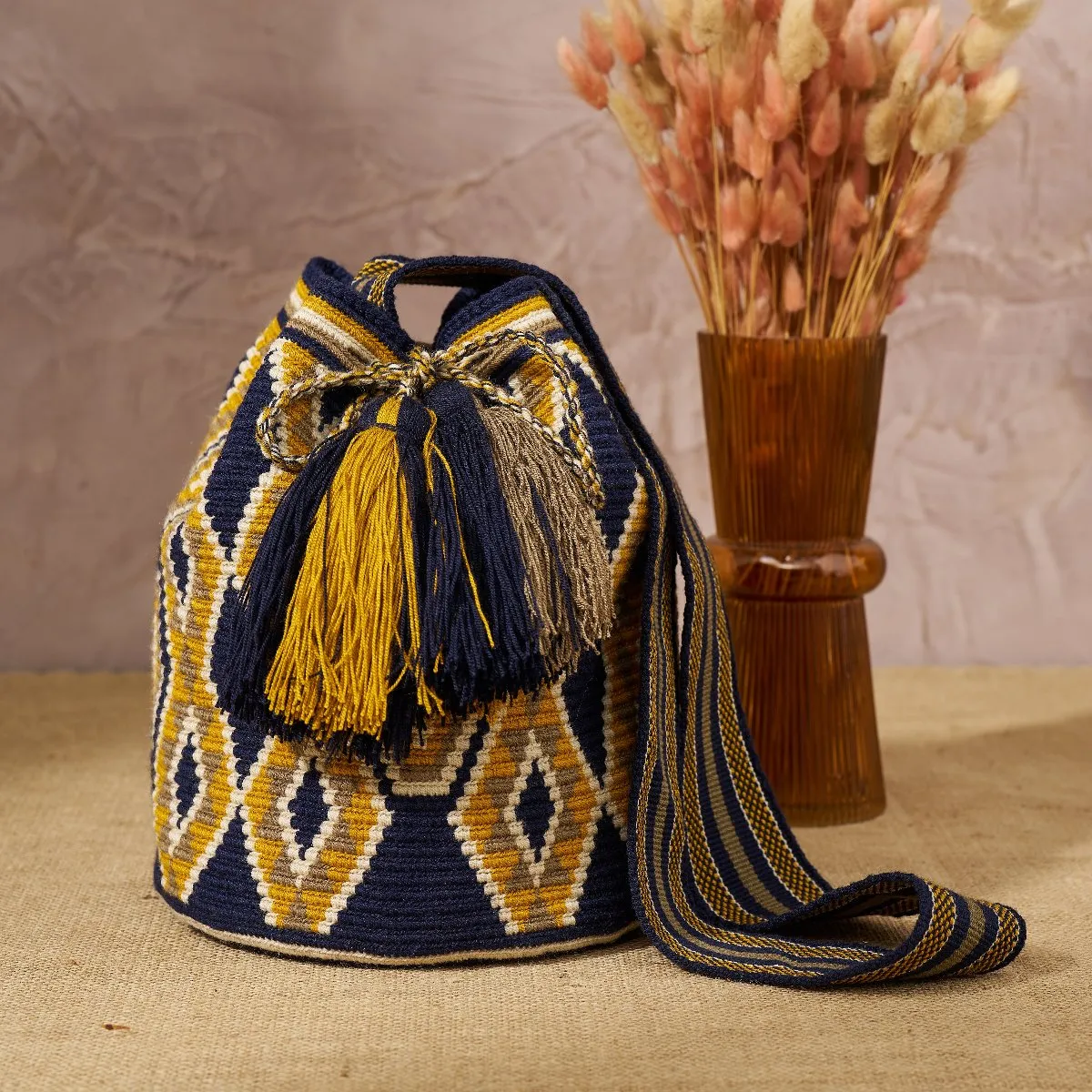 The Colombia Collective x Brora Hand Woven Tassel Tote Bag Navy/Ochre AW24