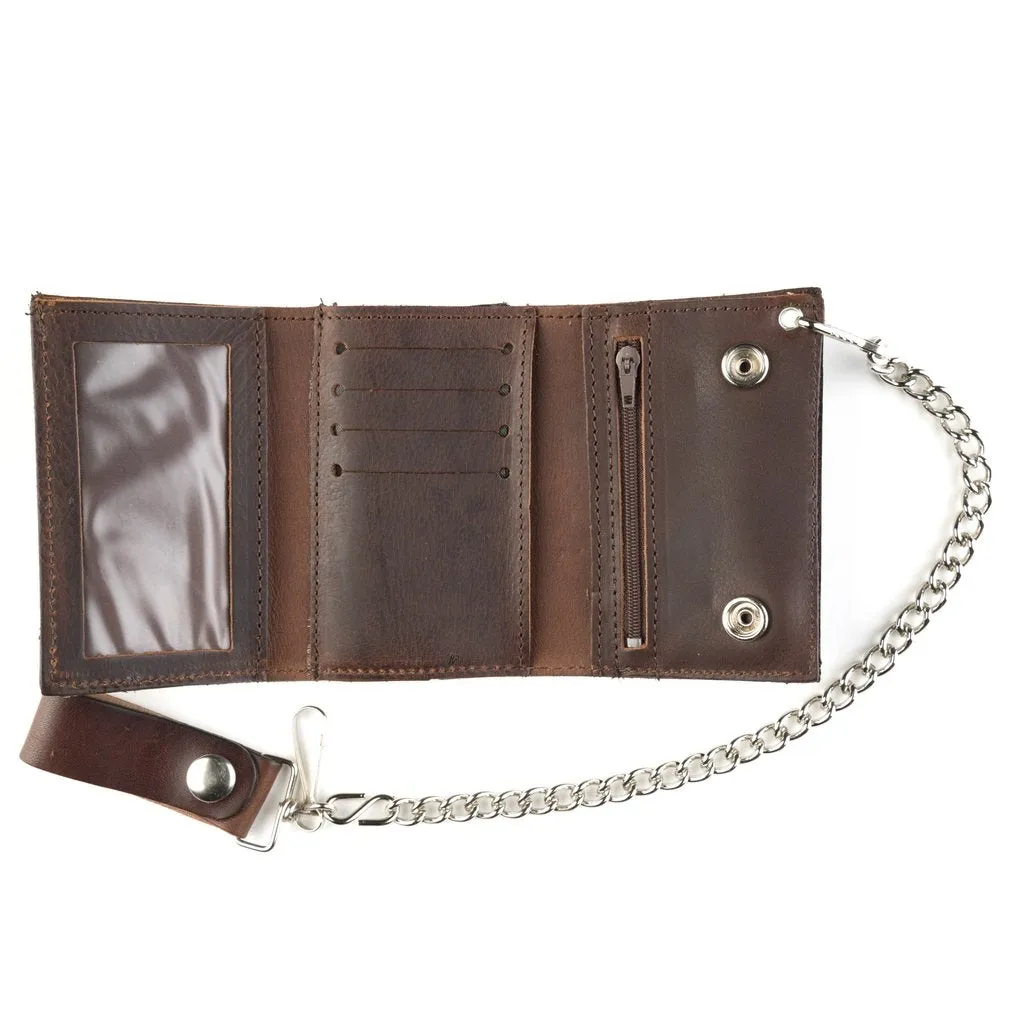 Tri-fold Chain Wallet - Brown Leather