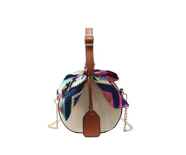 Women Straw Bag Crossbody Bags For Girls Fashion Scarves Round Saddle Bag Rattan Woven Shoulder Messenger Bags Lady Tote Handbag