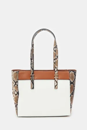 Women White And Tan Animal Print Tote Bag